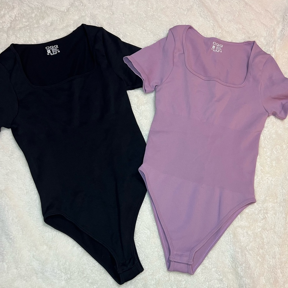 2 Piece Bodysuit Set- Ribbed Square Neck Short Sleeve M
